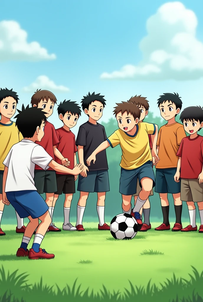 The draw is ten boys together side by side. In front of them there are two boys. One of the boys is  trying to hit one of the ten boys with a soccer ball