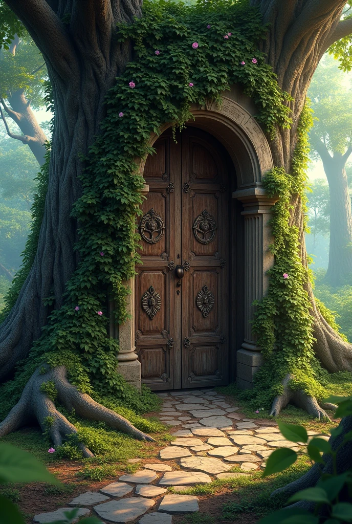 A secret medieval door carved into a tree, well hidden by leaves and flowers