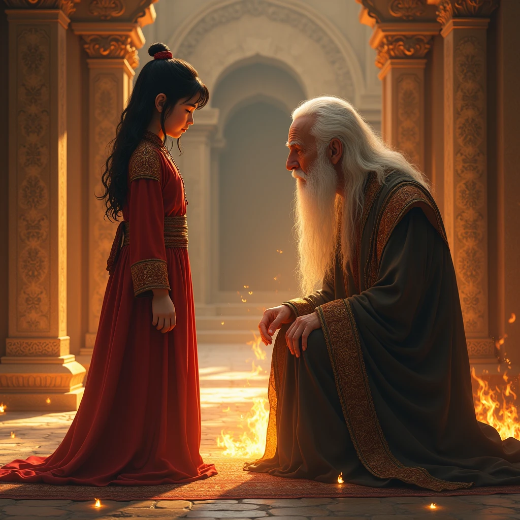 The Iranian girl before whom the kind old god of fire is kneeling and looking at each other 