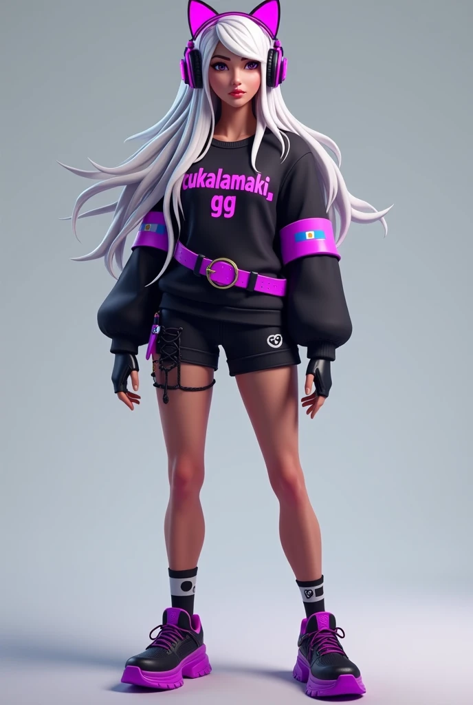 Realistic Fortnite Skin, full body front, White woman, with black sweater and engraved with the name CukaLaMaki_GG in neon purple, shorts with a small Argentine flag original color, with neon purple belt and GG-shaped buckle, Women's tennis shoes in black with neon purple, with gamer headphones with black cat ears with neon purple, Long silver hair