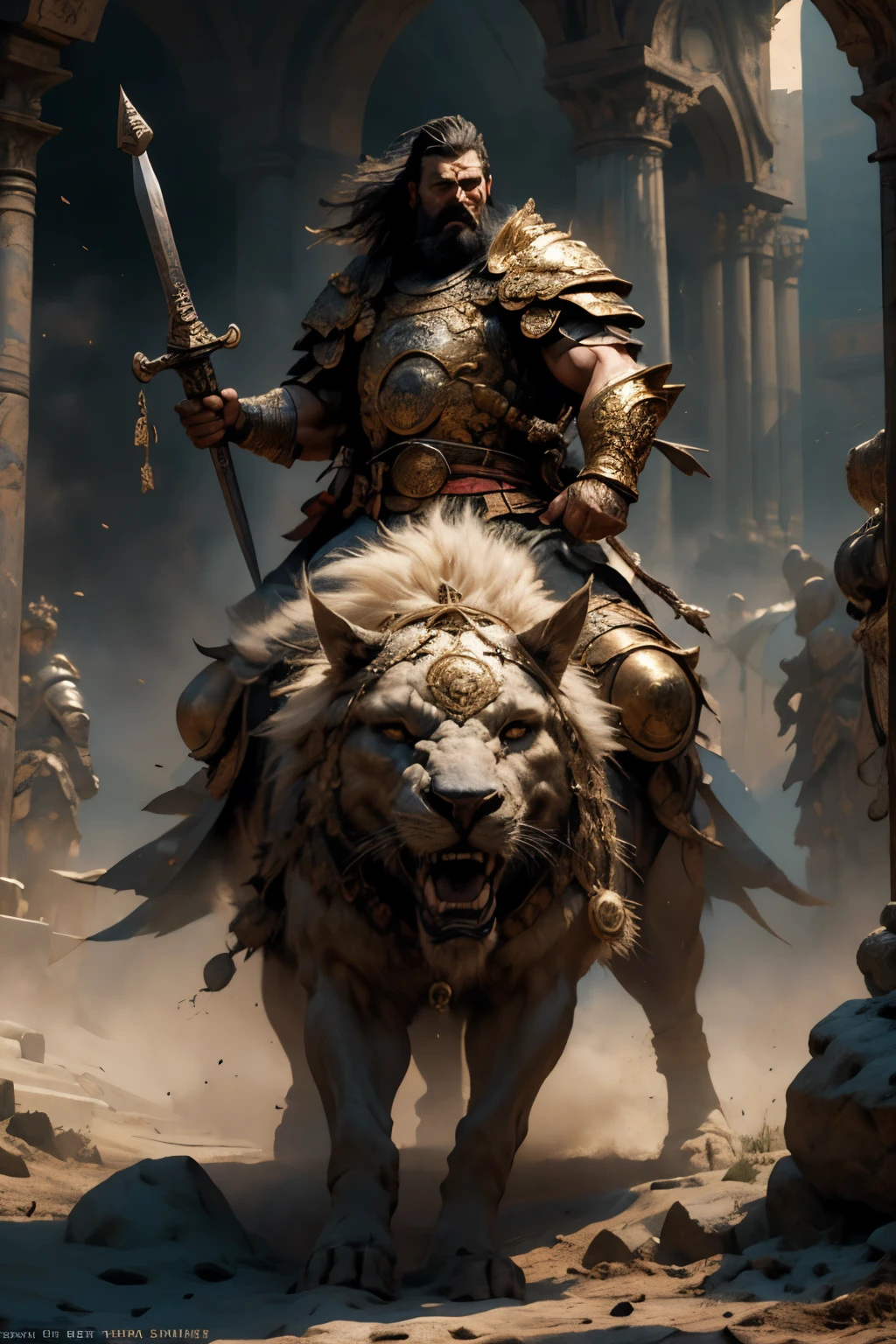 8k,Heroic warrior with a long spear,Gorgeous oversized armor(An elaborately crafted noble coat of arms),Elegant outfit,Ultra-high resolution,Surreal, Unity,Martial Arts, Mounted Combat, Realistic Skin,Black Hair Beard,Big eyes,Muscular body,background,battlefield,Waist Armor,Delicate hands, Perfect hand shape, Character Art,Battle Scenes,Action Scenes,Action pose,masterpiece,Highest quality realistic RAW photos,Rich colors, Backlight, Cinema Lighting, Film Grain, to be born, 50mm lens, Nikon D850,Realistic Skin,Fantasy art,Character Art,Ultra-high resolution,Realistic scale skins, Dynamic pose,Action pose,spear,sword, Male 1, Pole Arm, 