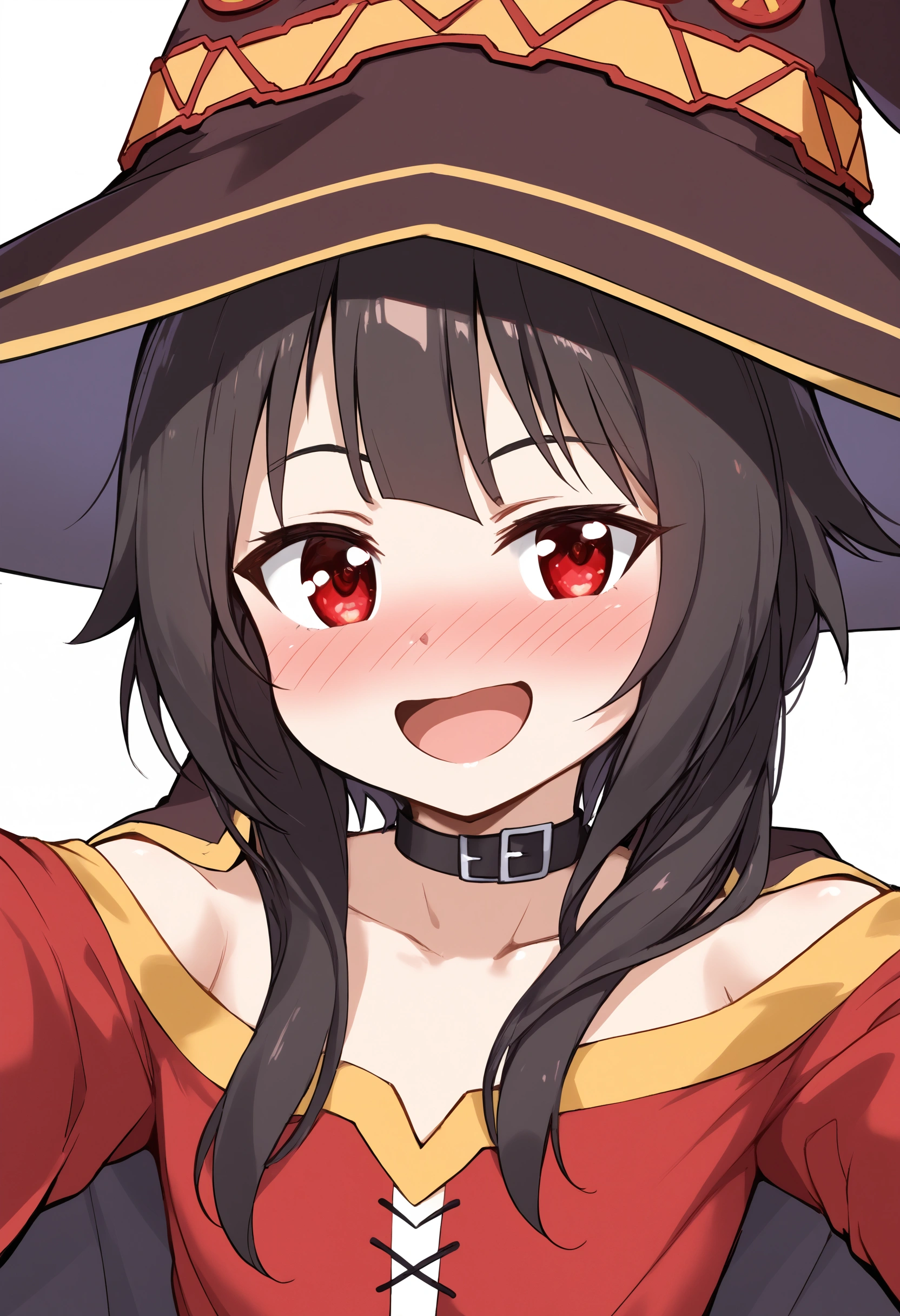 portrait, Megumin, short hair, black hair, (red eyes:1.3), short hair with long locks, winking, happy, nose blush,
