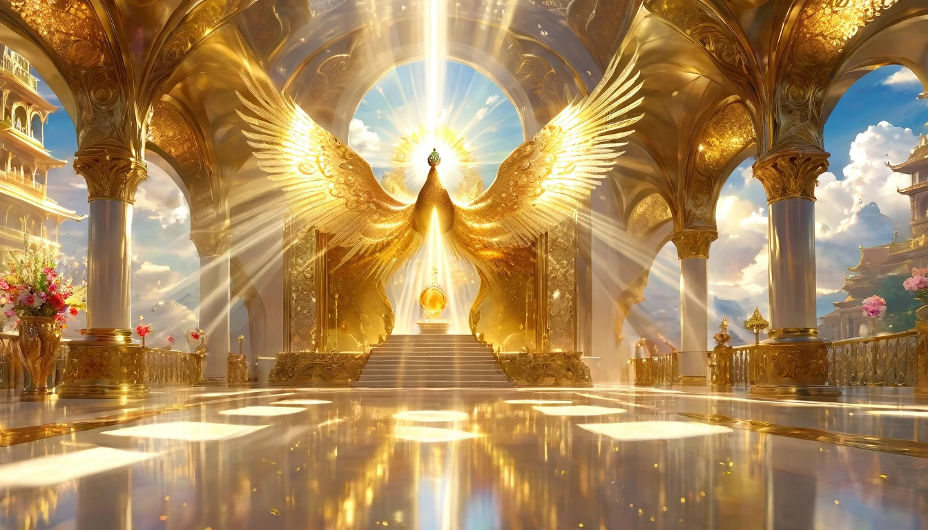 Very beautiful photo of a golden peacock、A dazzling light that paints everything in gold、God々area、Digital Art, The clouds clear and the shining sun appears, angels in white robe, with large wings walking, On Ascension Day，Golden Sun、Sky City、god々Utopian、There is one relic。Lens flare、Angel Ladder、Super Detail，Highest quality，masterpiece,（32K)，Very detailed，A wonderful work of art，The picture is clear，Golden light on background, Angels who are the sons of God presents themselves before the Lord. Straight path like transparent golden crystal, long white table with many chairs on each side and at the end a large golden throne with rays and flowers on each side of the path, rose, buildings with Mo the golden transparent glass, war angels on the sides with lots of light. 32K UH, detailed, High resolution, Hyperrealistic, Style Raw, masterpiece.