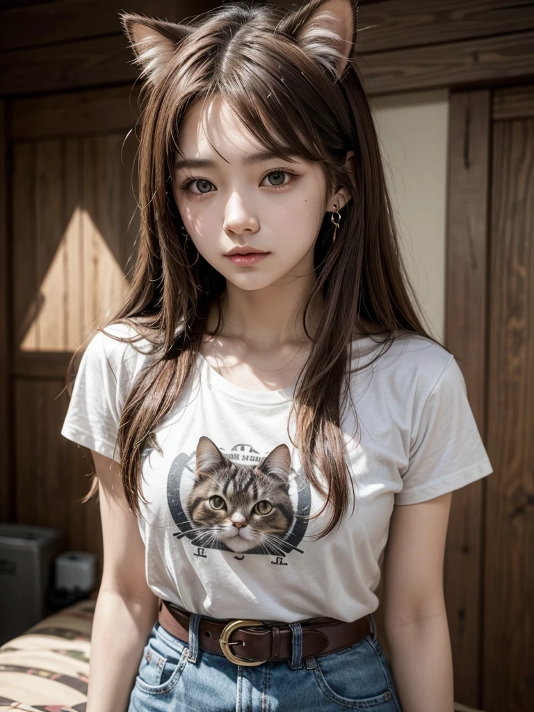 One person, chest, 大きなchest, , t shirt long hair, Brown Hair, belt、Cat paw cat ears, Earrings, 