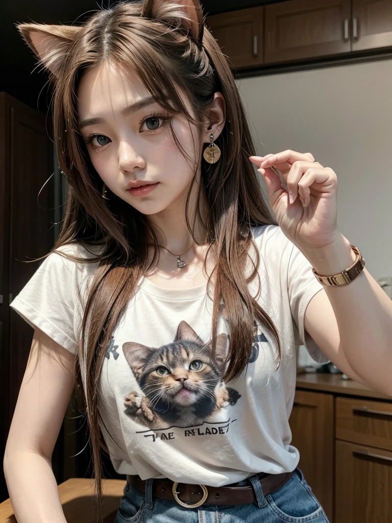 One person, chest, 大きなchest, , t shirt long hair, Brown Hair, belt、Cat paw cat ears, Earrings,