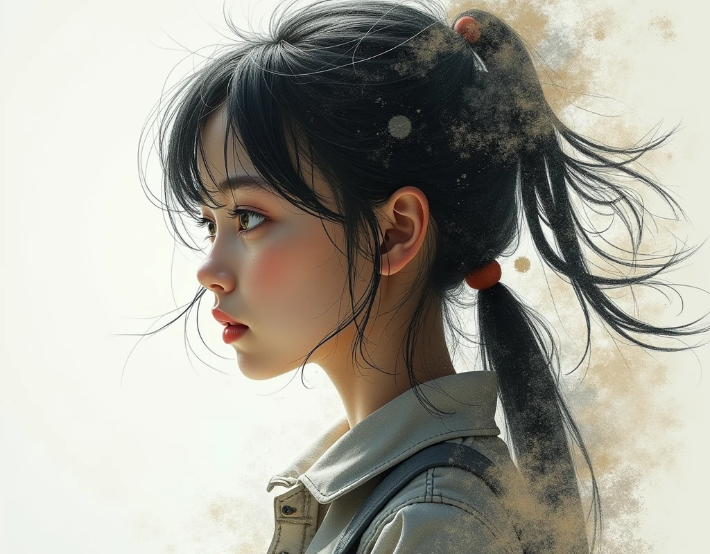 Split screen image, Divided image of [girl]. The right side of the image is a real photo that goes to the left as a simple hand draw sketch, realistic, detailed, dynamic atmosphere