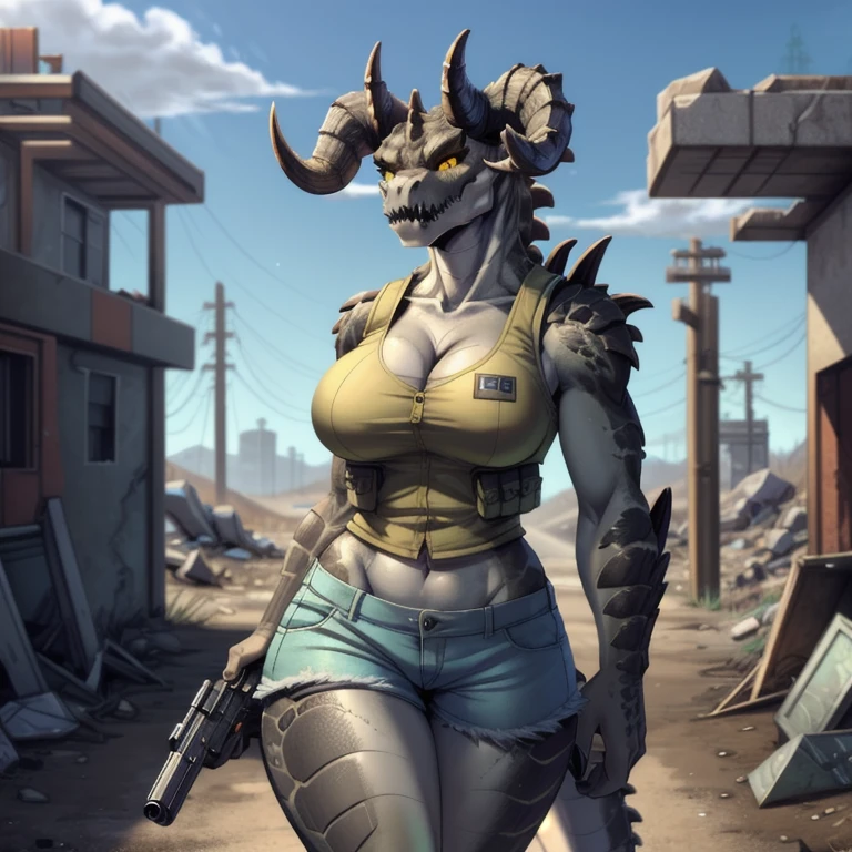 ((Masterpiece 4k)),Solo, score_9,score_8_up,score_7_up, source_anime, aegis, kemono style, aegis, Anthro reptile girl, snout, (green scaled skin) (cute female face), yellow eyes, black lips, black ram horns, tail, black lips, tall, Anthro deathclaw from fallout, deathclaw girl, (best quality), (4k), bulletproof vest, holding a rusty gun, blue shorts, in a ruined city, 