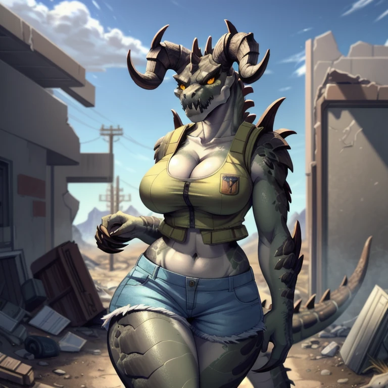 ((Masterpiece 4k)),Solo, score_9,score_8_up,score_7_up, source_anime, aegis, kemono style, aegis, Anthro reptile girl, snout, (green scaled skin) (cute female face), yellow eyes, black lips, black ram horns, tail, black lips, tall, Anthro deathclaw from fallout, deathclaw girl, (best quality), (4k), bulletproof vest, holding a rusty gun, blue shorts, in a ruined city,