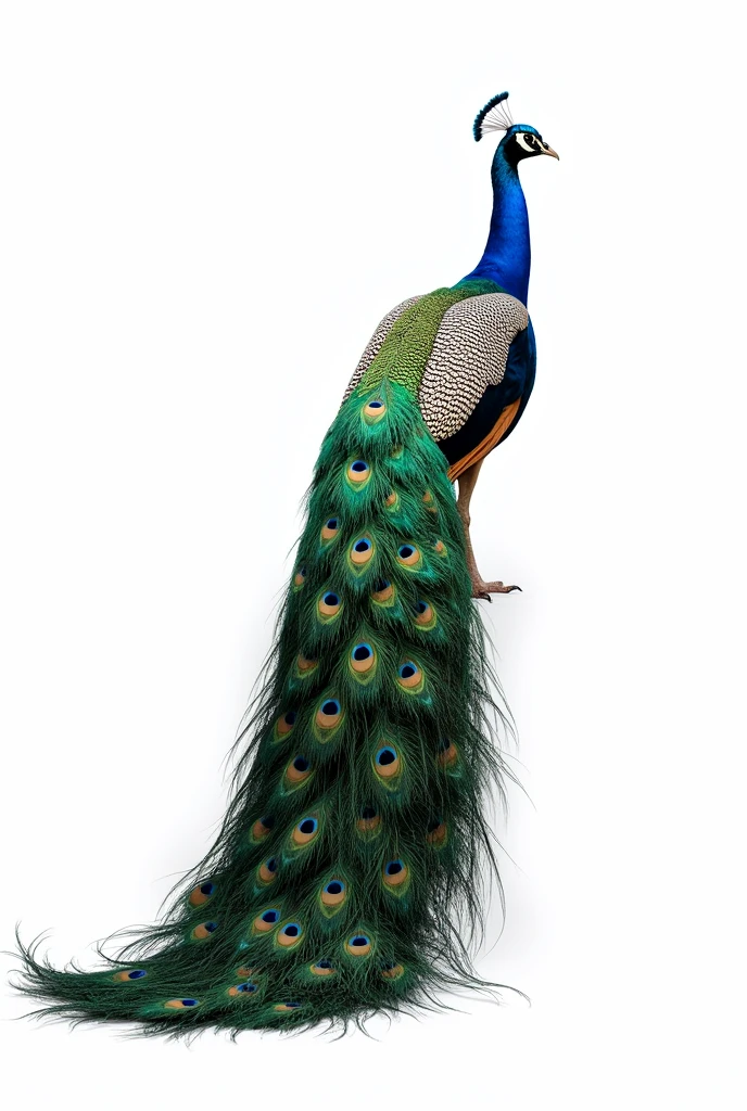 A hyper-realistic image of a majestic peacock standing gracefully with its vibrant, iridescent tail feathers fully fanned out, displaying a spectrum of brilliant blues, greens, and golds. The peacock is positioned against a completely white background, ensuring that the intricate details of its feathers and the regal posture of the bird are the central focus. The scene is minimalistic, with no distractions, highlighting the stunning beauty of the peacock in a full-body shot captured from a horizontal perspective at eye level.