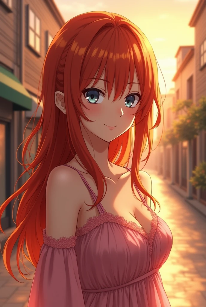 Woman with long reddish hair, anime manga style, wearing A pink lace dress, on a street at sunset, closeup