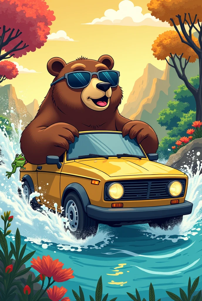 gigantic brown bear driving small car, sunglasses, flat cartoon style, 2D illustration, anime, splash water, frog, high quality, high resolution, best art, colorful, intricate background, manga, from side shot,