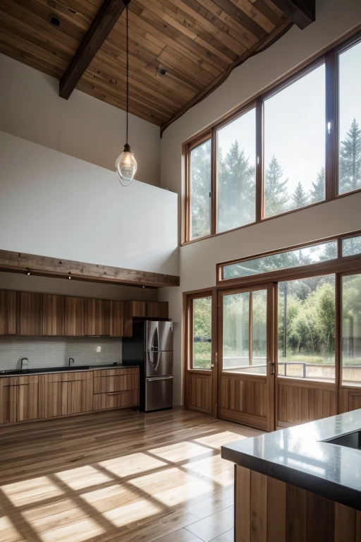 modern and rustic residential house, good cost benefit. rendered image, realisitic. Wooden doors and large windows. hall, kitchen, integrated hatar room.