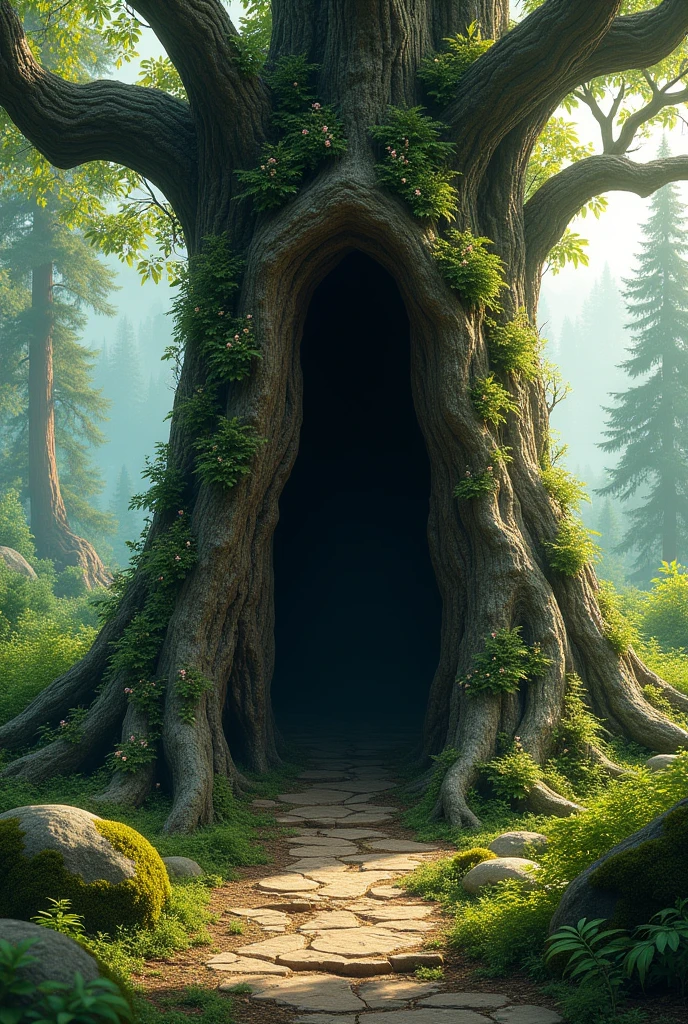 A secret door carved into a tree, well hidden by leaves and flowers