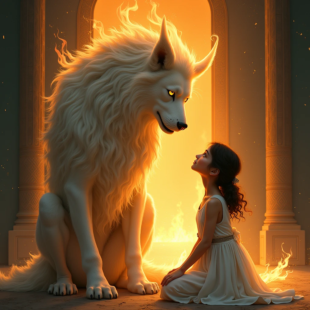 The Iranian girl kneeling in front of the kind god of fire and looking at each other 