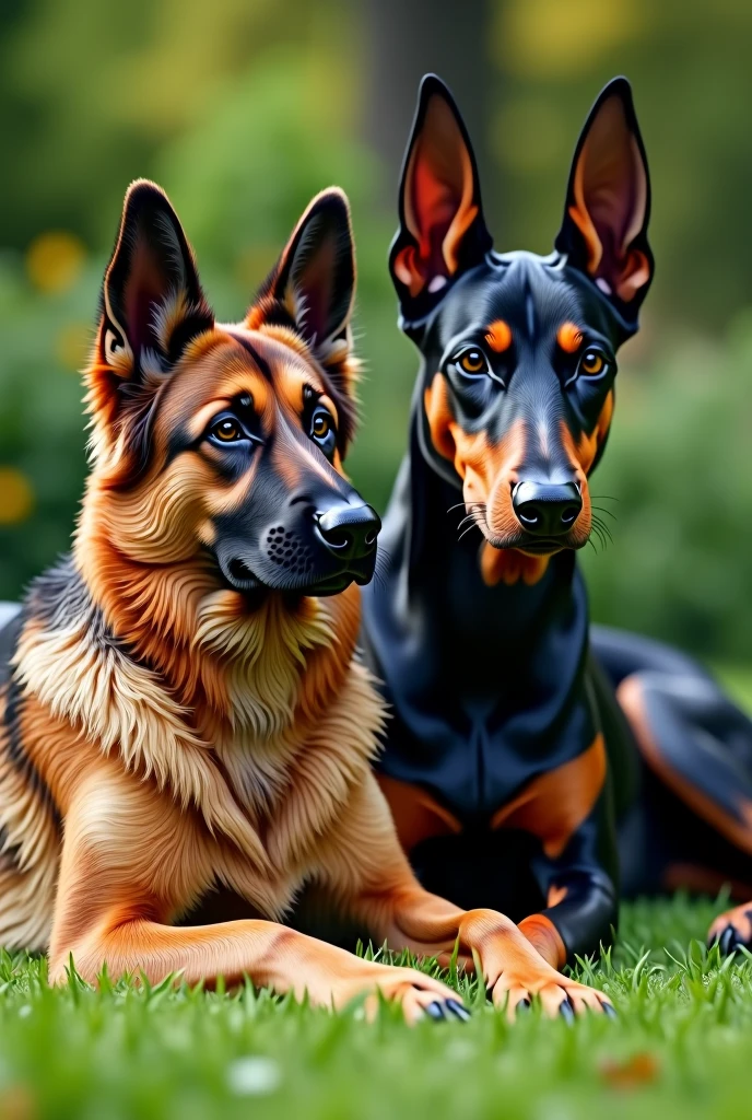 A German Shepherd (or Alsatian wolf is a dog breed) and a Dobermann lying on a lawn