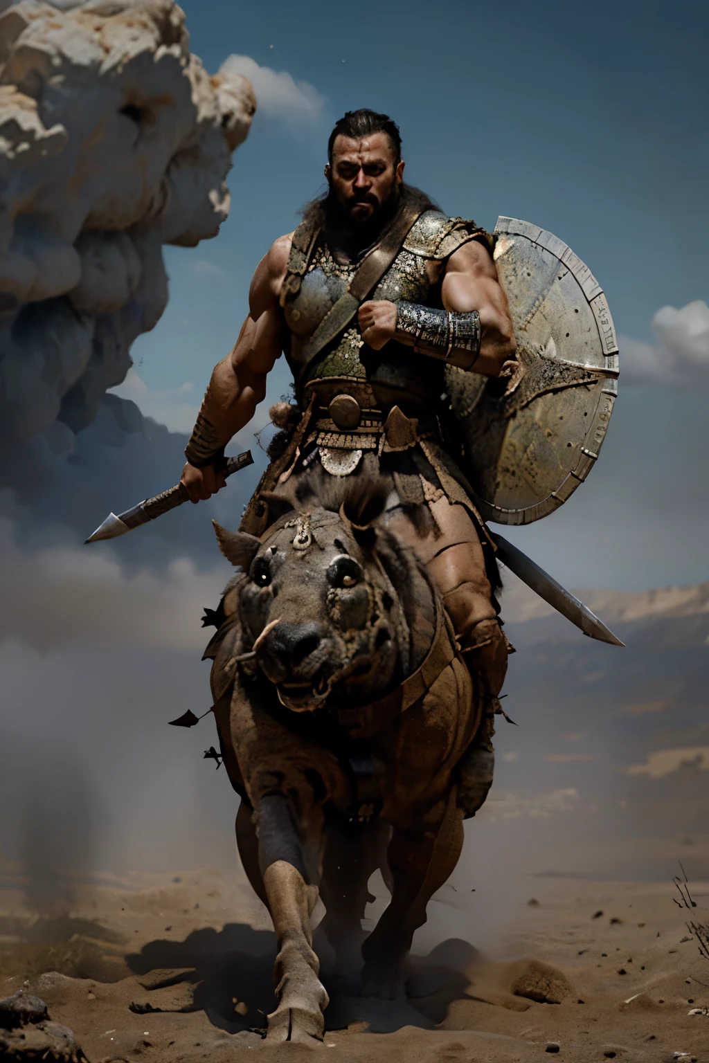 8k,Heroic warrior with a long spear,Gorgeous oversized armor(An elaborately crafted noble coat of arms),Elegant outfit,Ultra-high resolution,Surreal, Martial Arts, Mounted Combat, Realistic Skin,Black Hair Beard,Big eyes,Muscular body,background,battlefield,Waist Armor,Delicate hands, Perfect hand shape, Character Art,Battle Scenes,Action Scenes,Action pose,masterpiece,Highest quality realistic RAW photos,Rich colors, Backlight, Cinema Lighting, Film Grain, to be born, 50mm lens, Nikon D850,Realistic Skin,Fantasy art,Character Art,Ultra-high resolution,Realistic scale skins, Dynamic pose,Action pose,spear,sword, Male 1, Pole Arm, 