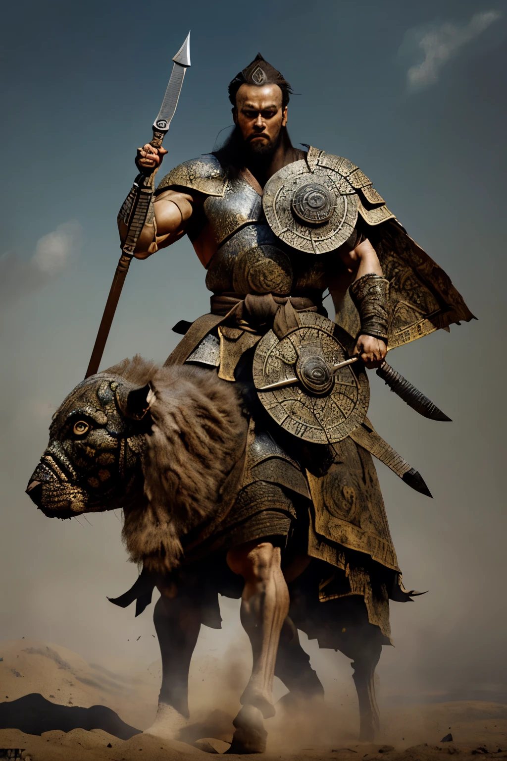 8k,Heroic warrior with a long spear,Gorgeous oversized armor(An elaborately crafted noble coat of arms),Elegant outfit,Ultra-high resolution,Surreal, Martial Arts, Mounted Combat, Realistic Skin,Black Hair Beard,Big eyes,Muscular body,background,battlefield,Waist Armor,Delicate hands, Perfect hand shape, Character Art,Battle Scenes,Action Scenes,Action pose,masterpiece,Highest quality realistic RAW photos,Rich colors, Backlight, Cinema Lighting, Film Grain, to be born, 50mm lens, Nikon D850,Realistic Skin,Fantasy art,Character Art,Ultra-high resolution,Realistic scale skins, Dynamic pose,Action pose,spear,sword, Male 1, Pole Arm, 