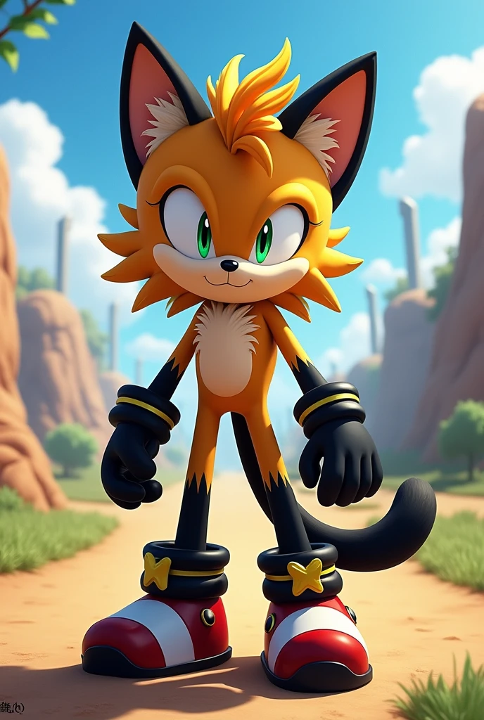 A big floppa the caracal if he were a sonic character , with black ears and arms and with Izuku Midoriya features