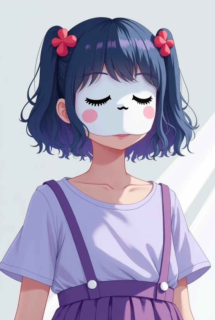 A white girl, the color white itself, with short hair, shoulder length, with a navy wavy pigtail, with the rose red color this is the hair color, with an outfit, the light purple sling-sleeved t-shirt and a high-waisted skirt in a slightly darker purple color with white details, and with a mask that covers the entire face, with the white color, the detail is that the mask has a happy face, the eyes and mouth will be black, and don't forget that the mouth and eyes are closed in the mask