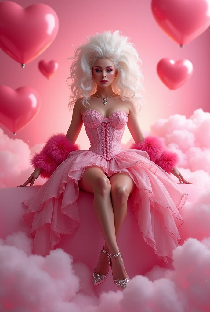 A drag queen dressed in a theme of the goddess of love, wearing a corset with a short skirt with multiple layers, decorated with fur on the sleeves. The outfit is pink, sexy, and playful. The background is pink with floating hearts, and the character is sitting on a cloud.
