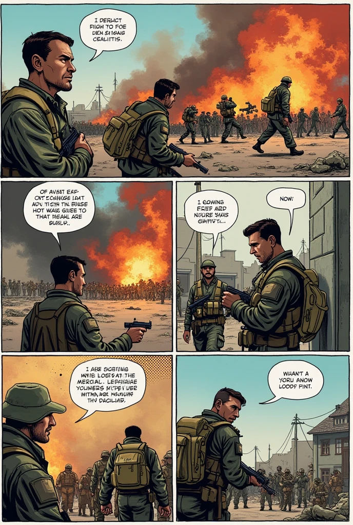 6 comic strips of the armed conflict with their respective bubbles 