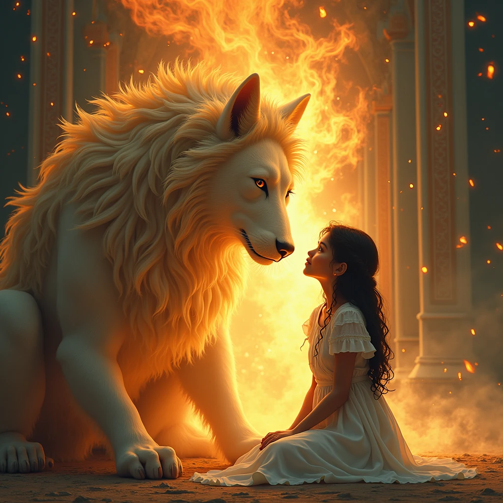 The Iranian girl kneeling in front of the kind god of fire and looking at each other