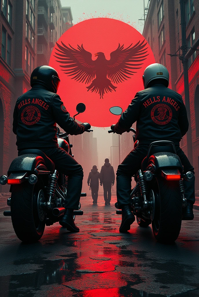 To create a music cover that captures the rivalry between the Hells Angels and the NKT (Northern Kaos Terror), I can create an intense and symbolic image. The image may include elements that represent both factions., as emblems, symbols or motorcycles for the Hells Angels and urban references or graffiti for the NKT. The atmosphere will be dark and tense, with a dark color palette, like black and red, to convey the conflict.
