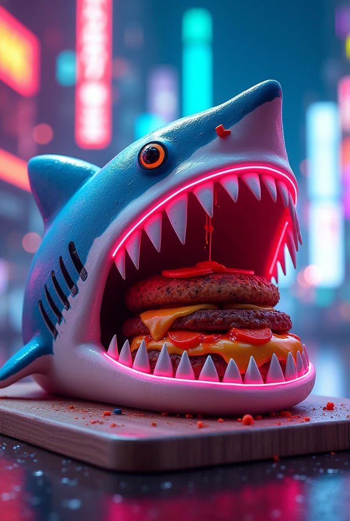 in 8k a flashy shark burger for bizarre food video
