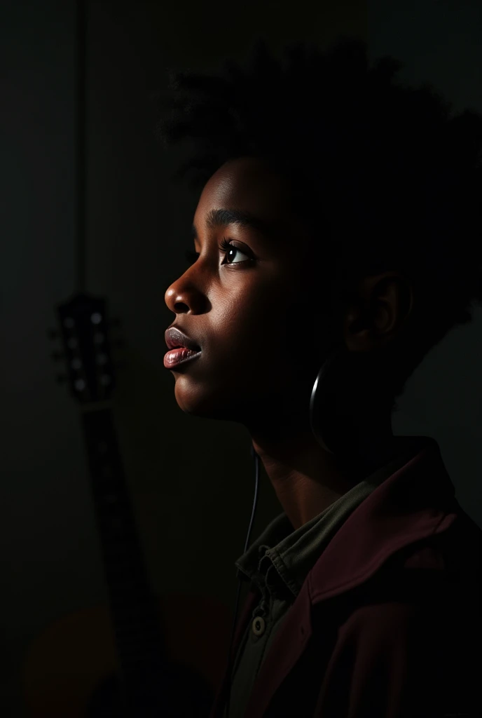 Create an image of a black young who's autistic and likes music, make use of chiaroscuro in the composition