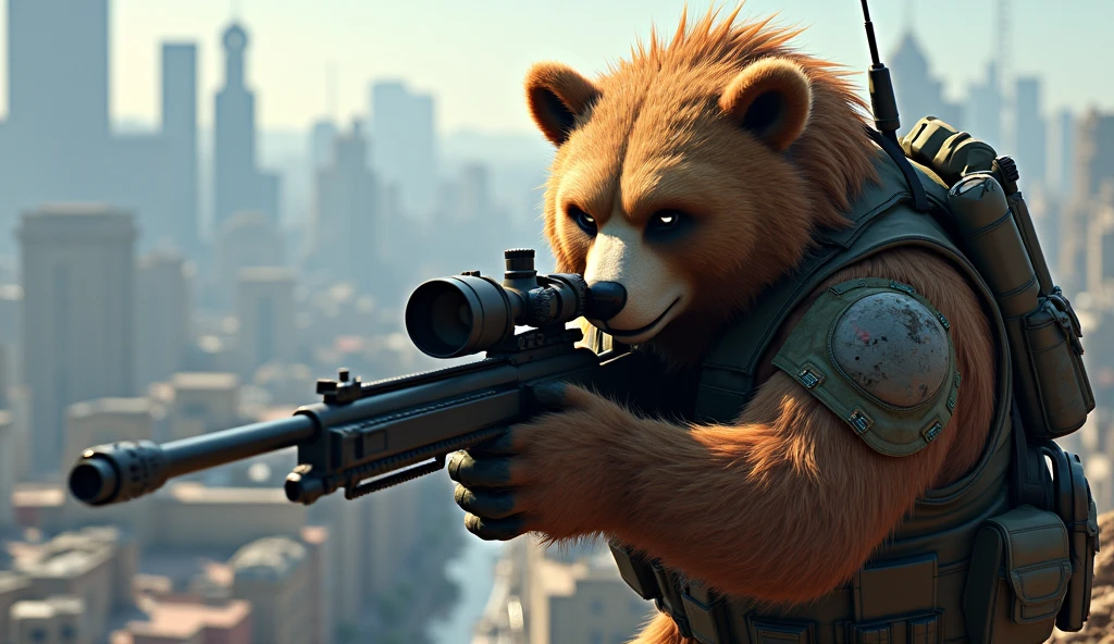 “(Photorealistic 3D anime illustration, ultra-detailed, high quality) An anthropomorphic brown bear sniper, wearing tactical combat gear with intricate details, holding a sniper rifle, positioned on a high vantage point overlooking a city below, intense focus on his target, scar across right eye, realistic fur texture, reflections on gear, dramatic lighting, urban environment in the background, shadows and highlights carefully balanced, cinematic composition, wind blowing through the fur, high tension, (art of Yoji Shinkawa: 1.4), epic and moody atmosphere”