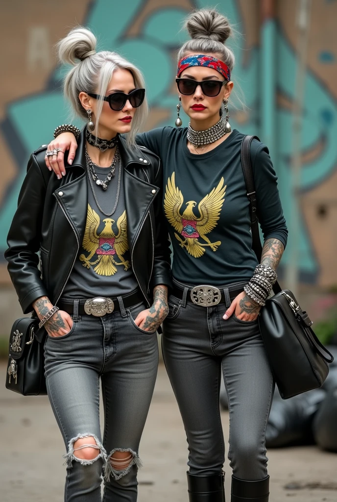 Two russian milf women, one with the arm over the shoulder of the other. grey hair (one: bouffant, top bun. The other, straight and middle part}and one wearing oversized square sunglasses and wide colourful bandana as headband), with very light green eyes, extremely pale. Big lips. No tan. Wearing aged black moto jacket (zippers on the side, skull and bones pins). Both: same old worn grey t-shirt with spread wings eagle holding a oak leaves garlandlogo. Both,, dark skinny low rise grey jeans with holes on knees ( patched with colourful fabric). Both:, dark grey worn jeans {with holes on knees) tucked in black leather knee high boots. . Lots of thick wide studded bracelets, chain collars and big rings. Both, high boots. Tacky wide studded leather belt with big skull and bones oval buckle. Long earrings with chains and feathers. Walking with hands in pockets, stretching her neck, craving., Neck, chest, stomach and wrists heavily tattoed. Toned abdominals, thin neck, slim legs and thin arms. Narrow hips and slim legs. Black leather studded tote bags. Graffitied wall behind, waste on the groun and piled garbage bags around.