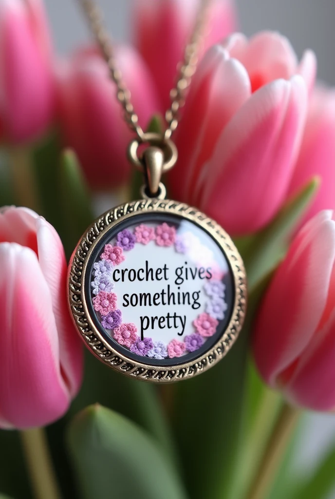 A round pink, white and purple locket that says crochet gives something pretty and in small size says Mariet Ramos with a bunch of tulips