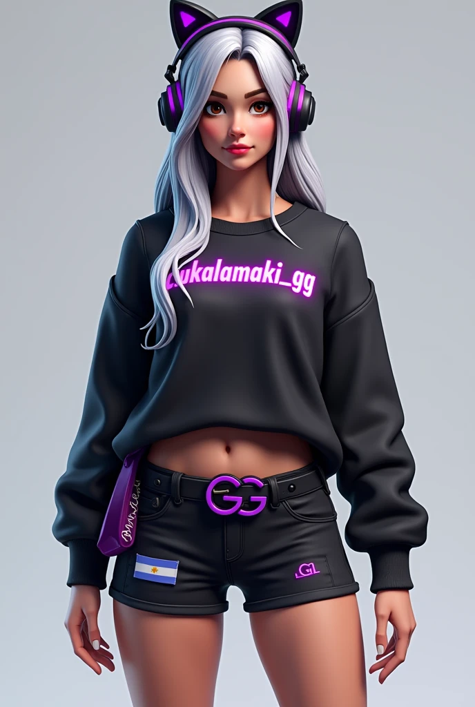 Realistic Fortnite Skin, full body front, White woman, with black sweater and engraved with the name CukaLaMaki_GG in neon purple, shorts with a small Argentine flag original color, with neon purple belt and GG-shaped buckle, Women's tennis shoes in black with neon purple, with gamer headphones with black cat ears with neon purple, Long silver hair, Brown eyes