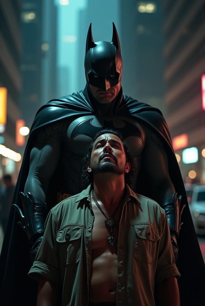 a batman arresting a man with indigenous latin american features, highly detailed, cinematic lighting, dramatic scene, strong shadows, hyper realistic, photorealistic, ultra detailed, 8k, intricate details, dramatic composition, heroic pose, intense atmosphere, compelling narrative, beautiful sharp focus, stunning colors, exquisite textures, masterpiece