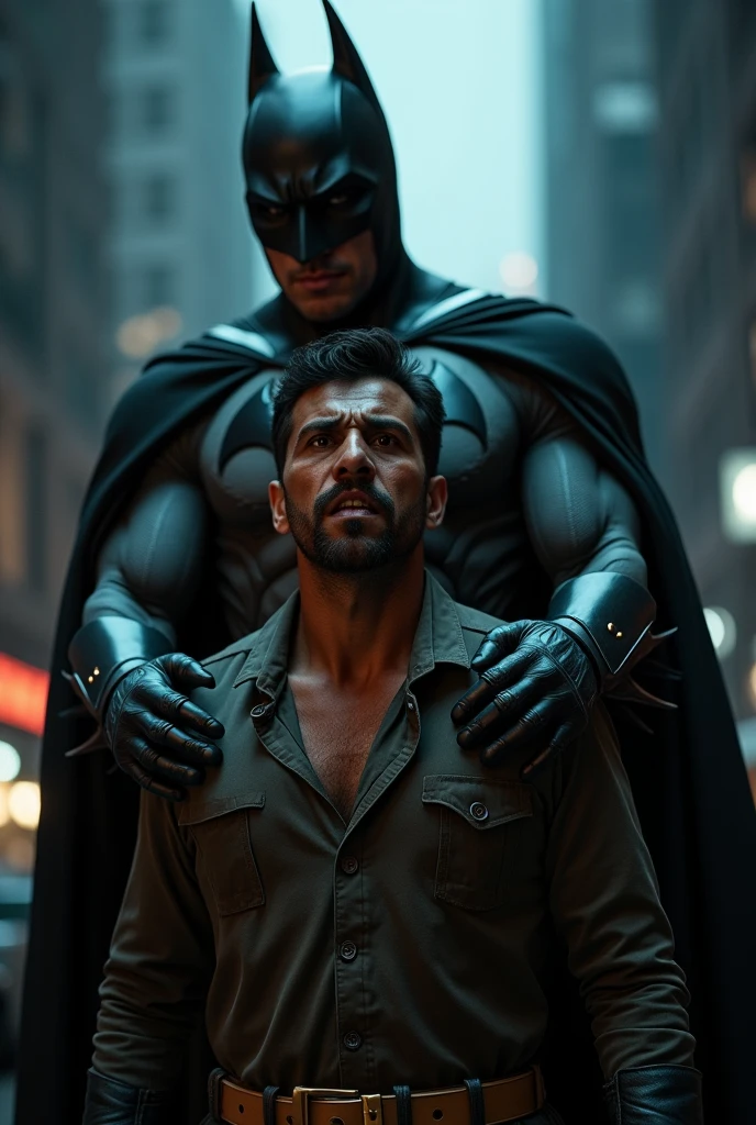 a batman arresting a man with indigenous latin american features, highly detailed, cinematic lighting, dramatic scene, strong shadows, hyper realistic, photorealistic, ultra detailed, 8k, intricate details, dramatic composition, heroic pose, intense atmosphere, compelling narrative, beautiful sharp focus, stunning colors, exquisite textures, masterpiece