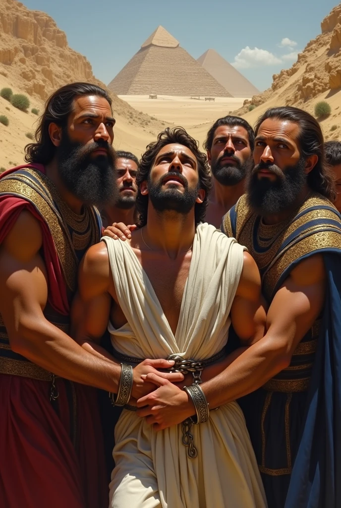 Biblical character Joseph at 30 being taken prisoner as a slave to Egypt