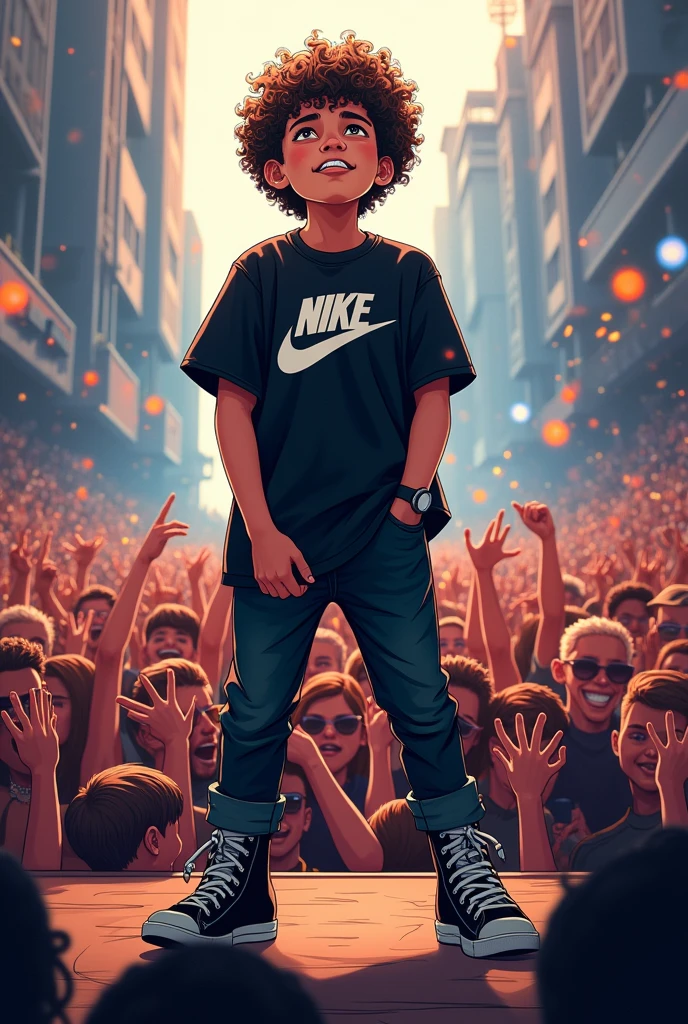 ( drawing style) a white boy with curly hair on a stage doing a crowded show, black nike clothes black jeans