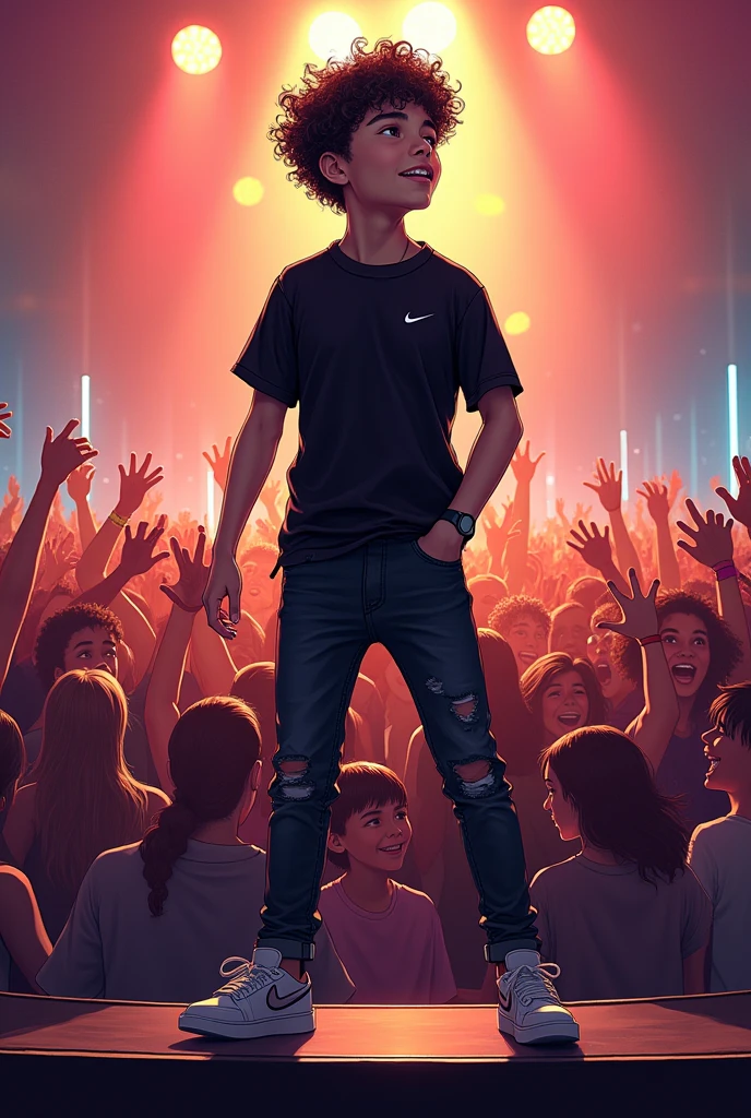 ( drawing style) a white boy with curly hair on a stage doing a crowded show, black nike clothes black jeans