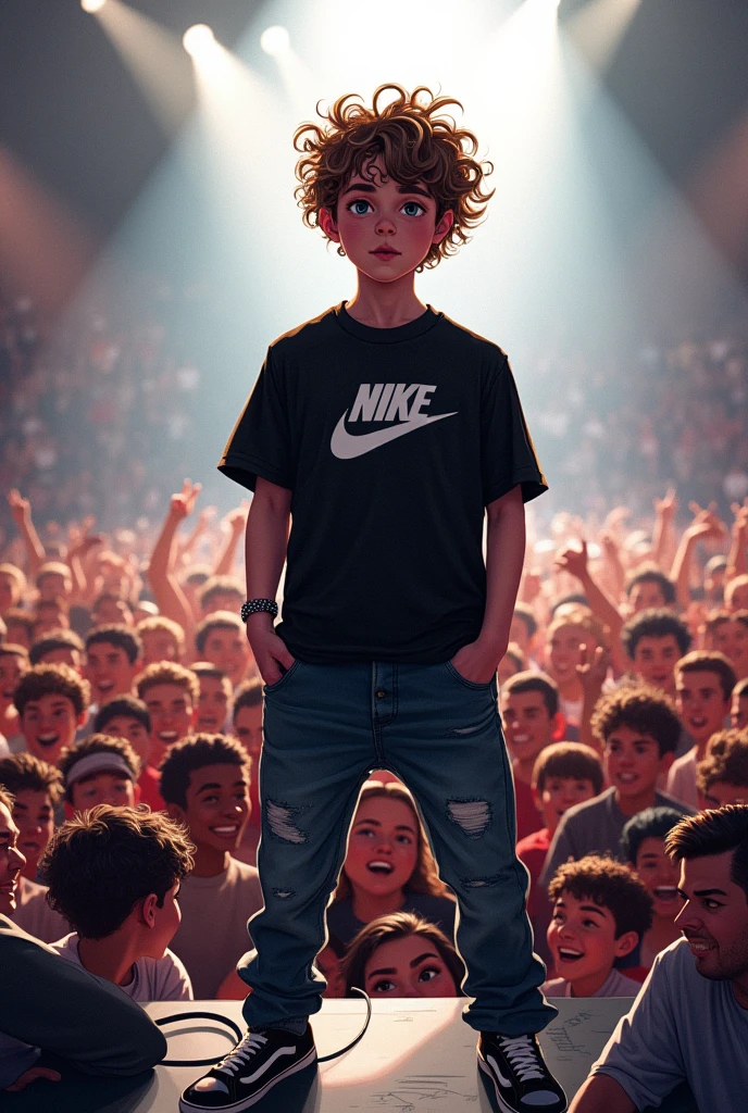 ( drawing style) a white boy with curly hair on a stage doing a crowded show, black nike clothes black jeans