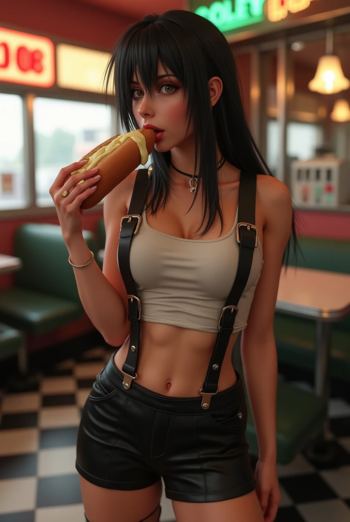 Realistic photo of Tifa Lockheart with White Crop Top black micro skirt and suspenders at a diner swallowing a hotdog covered on mayo. Mayo on her face.