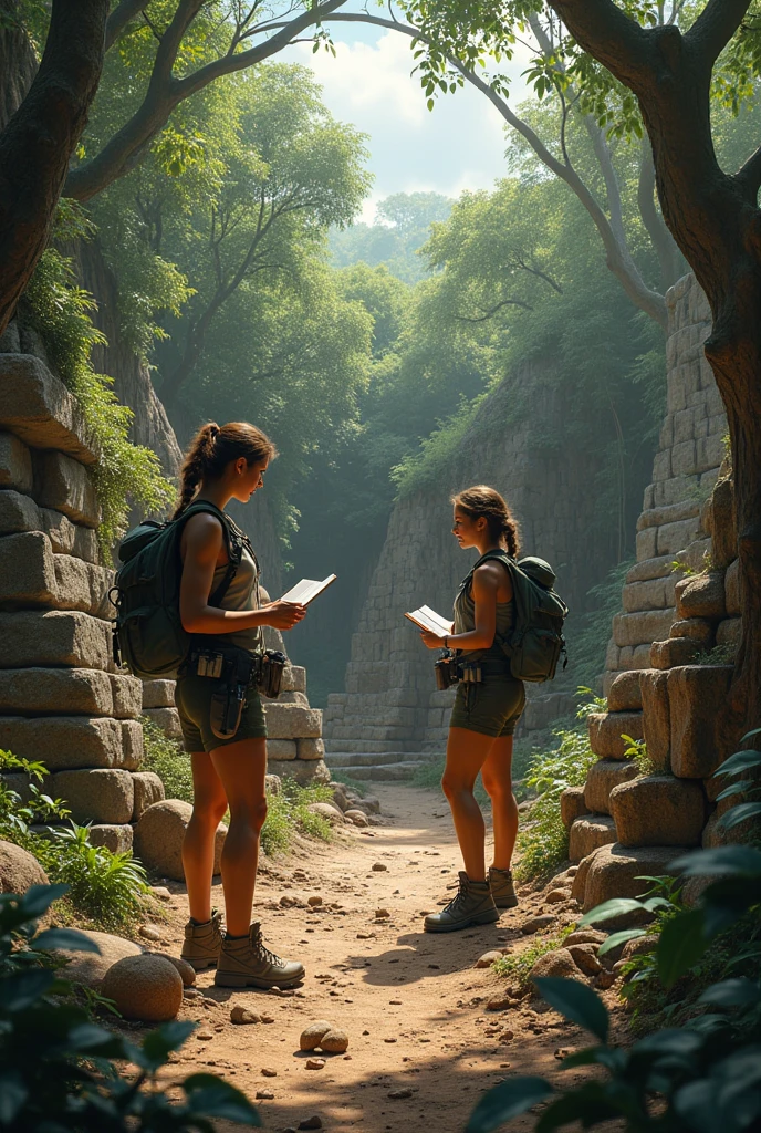 Two women reviewing Inca archaeology in the Amazon