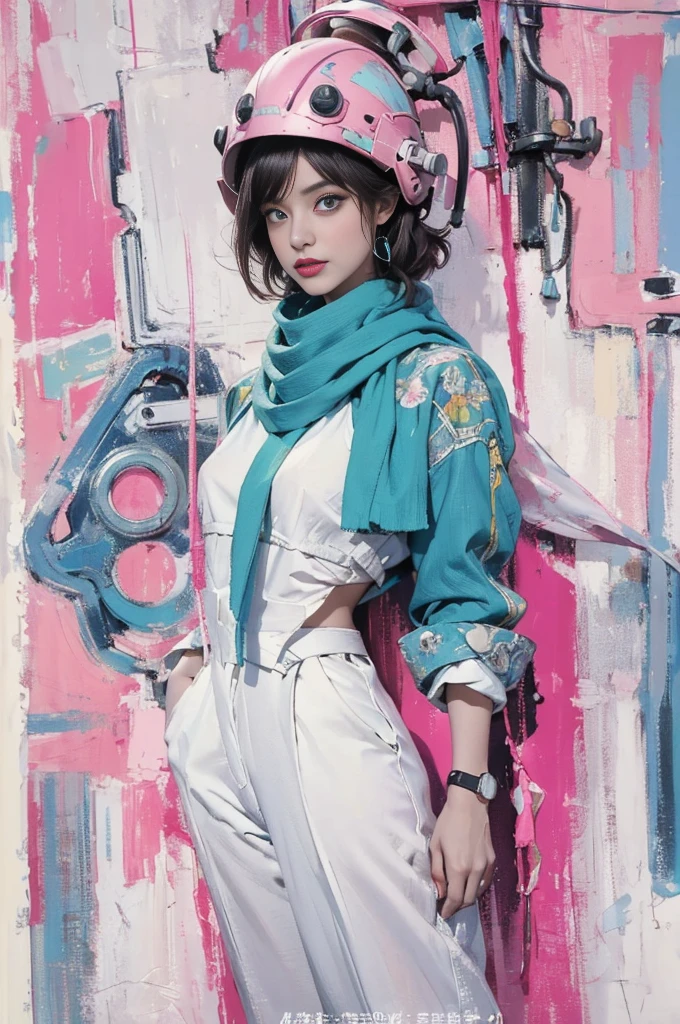 (masterpiece:1.2, best quality), (Vogue magazine cover), Fresh sky-lime collection, an airy, sky-blue tunic with a light lime scarf wrapped effortlessly around the neck, paired with white, wide-legged trousers, (the scarf is subtly embroidered with lime and blue cloud patterns).(1girl ,solo,ganzkörper foto, ganzkörper bild,((Masterpiece)), (Best Quality),(highly accurate drawing in every detail)(extremely precise representation)full_body_portrait,cyberpunk  future vibe,, a stunning alien girl with big eyes, tentacles and colored skin dressed in cool spacy synthetic pastel pink and pastel magenta thick fabric space-suit with several glowing markings and nozzles,hoes and mechanic parts and accessoires(helmet) holding futuristic gun)).