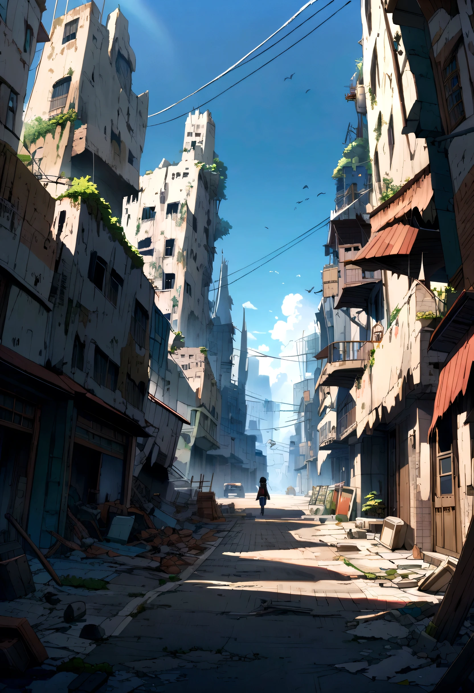 destroyed city, street view, Very detailed, animated style