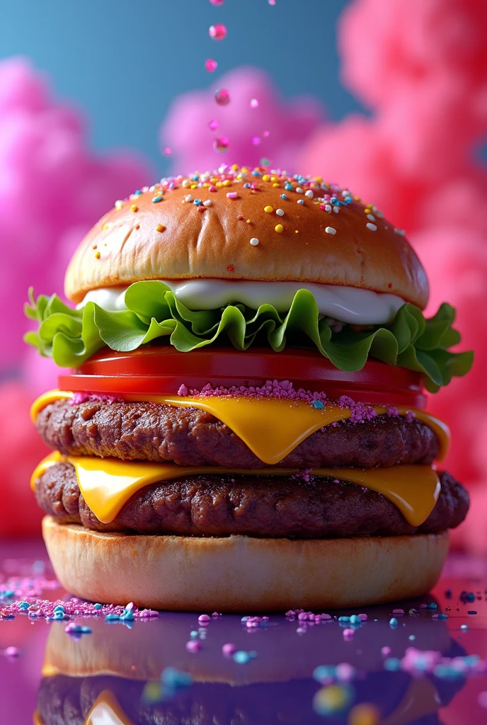 in 8k a flashy burger for bizarre food video