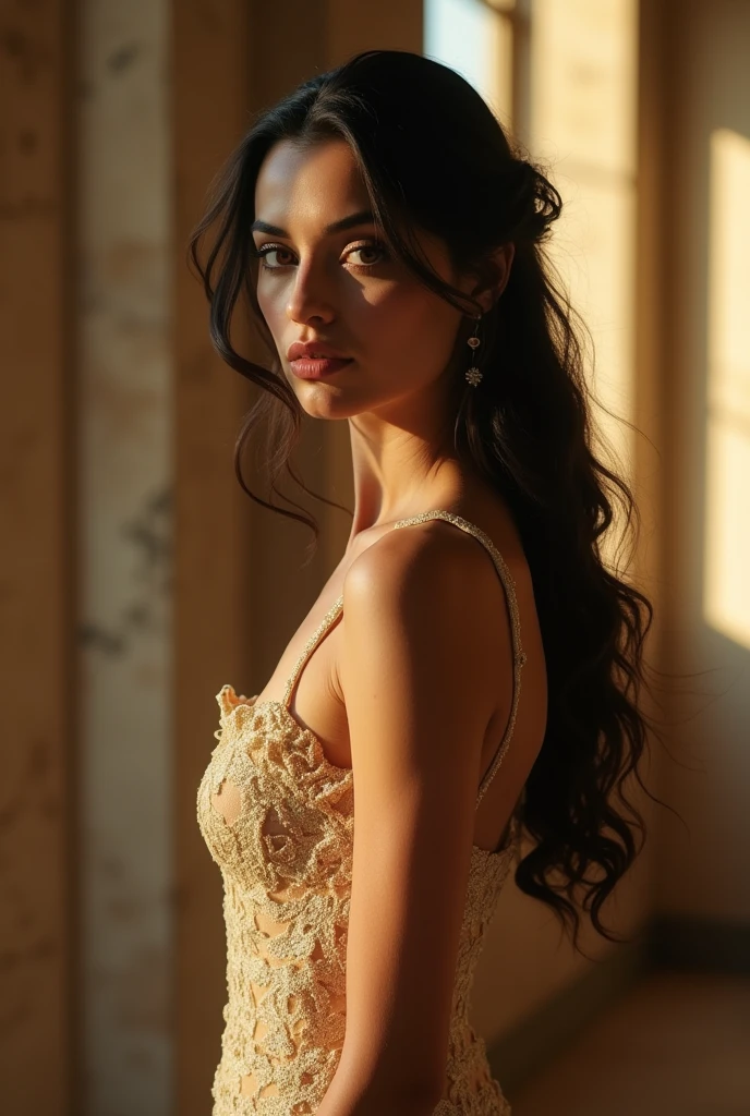 Beautiful Italian woman with black hair down to her waist and hips looking at the camera in profile, back and hips, classic photography, subtle cinematic lighting, beautiful gold lace dress, elaborate hairstyle, soft sunlight, soft shadows, golden color