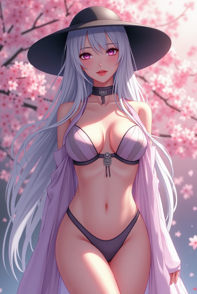 1man, solo, manhwa, Geum-hoo, violet eyes, long platinum hair, gat hat, (nude: 1.3), (transparent hanbok), big breasts, cleavage, thighs, coffee ass, (sakura: 1.3)