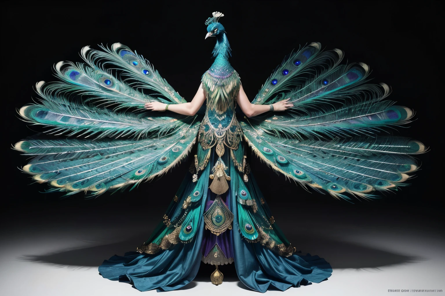 A hyper-realistic image of a majestic peacock standing gracefully with its vibrant, iridescent tail feathers fully fanned out, displaying a spectrum of brilliant blues, greens, and golds. The peacock is positioned against a completely white background, ensuring that the intricate details of its feathers and the regal posture of the bird are the central focus. The scene is minimalistic, with no distractions, highlighting the stunning beauty of the peacock in a full-body shot captured from a horizontal perspective at eye level.