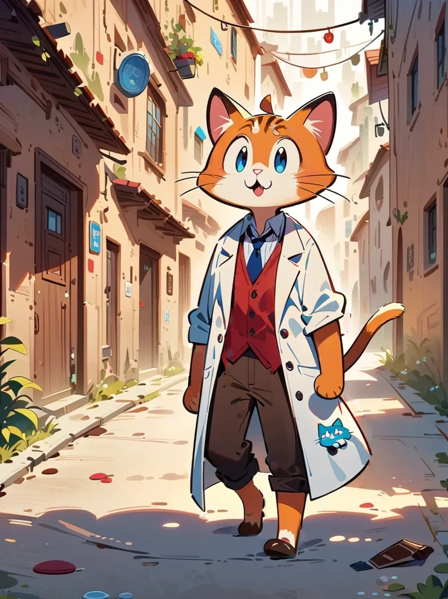 cat, 2d a male cat teacher, dressed as a teacher without a lab coat with pants t-shirt and sneakers, 2d cartoon style, , full body, solo, male face, whimsical, adorable, masterpiece, 8k, cinematic lighting, award-winning digital art, green screen background