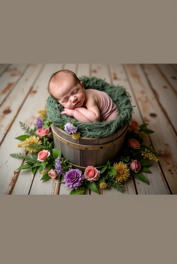 there is a baby sleeping in a wooden barrel surrounded by flowers, inspired by Anne Geddes, wrapped in flowers, adorned with all kind of plants, dreamy and detailed, covered in plants, maternal photography 4 k, anna nikonova, photo of a beautiful, wrapped in cables and flowers, photo taken with nikon d750