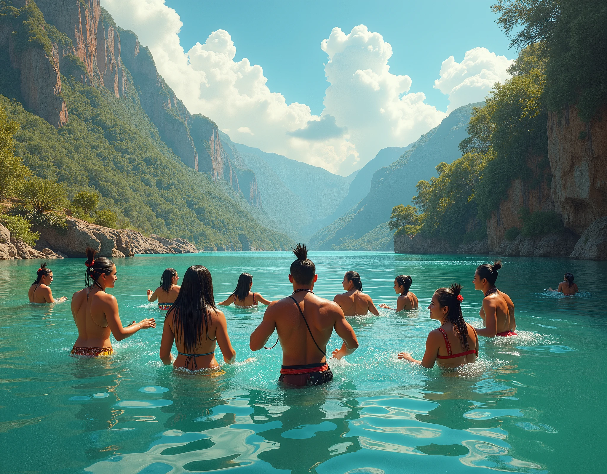 Make me Indians swimming and highlight the whole landscape